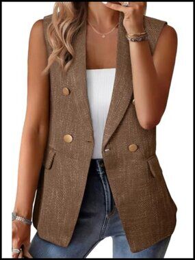 Women's Sleeveless Tweed Blazer Vest Double Breasted Work Suit with Pockets
